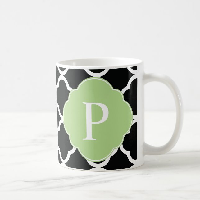 Green Black Quatrefoil Monogram Coffee Mug (Right)