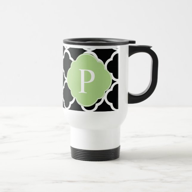 Green Black Quatrefoil Monogram Travel Mug (Right)