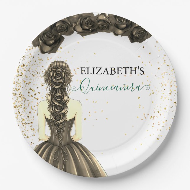 Green & Black Quinceañera Custom Paper Plat Paper Plates (Front)