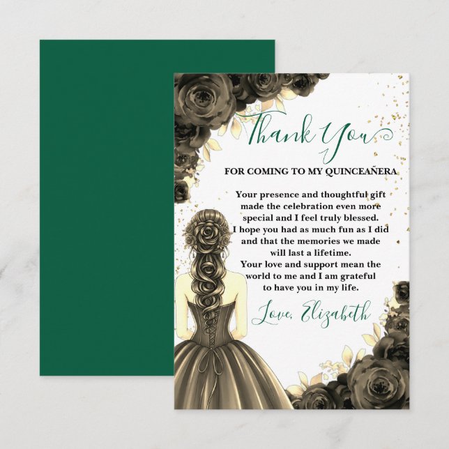 Green & Black Quinceañera Custom Thank You Card (Front/Back)