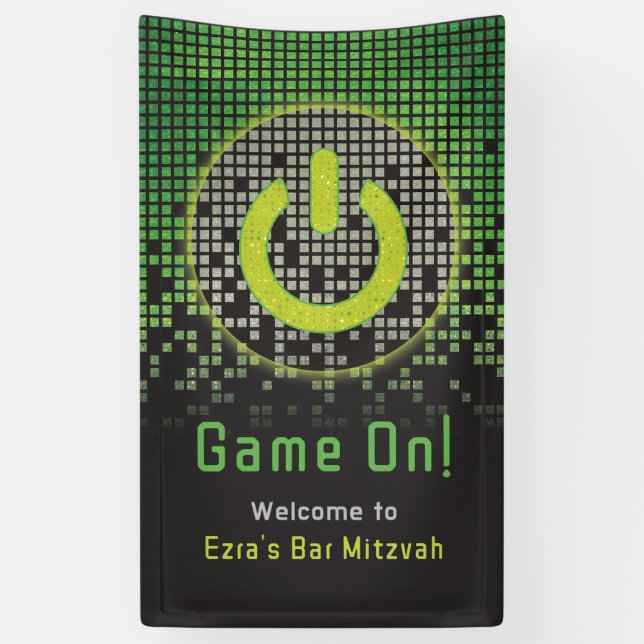 Green Black Raining Pixels Video Game Bar Mitzvah  Banner (Vertical)