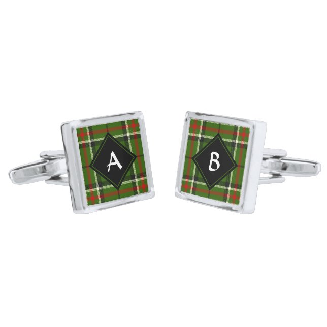 Green, Black, Red and White Tartan Cufflinks (Angled)