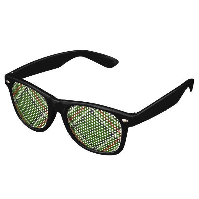 Green, Black, Red and White Tartan Retro Sunglasses (Angled)