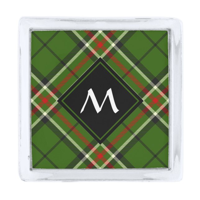 Green, Black, Red and White Tartan Silver Finish Lapel Pin (Front)