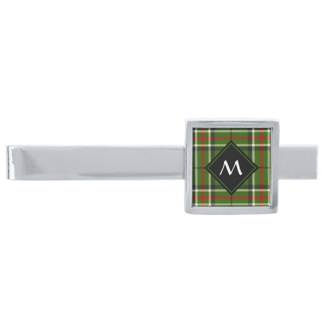 Green, Black, Red and White Tartan Silver Finish Tie Bar (Front)
