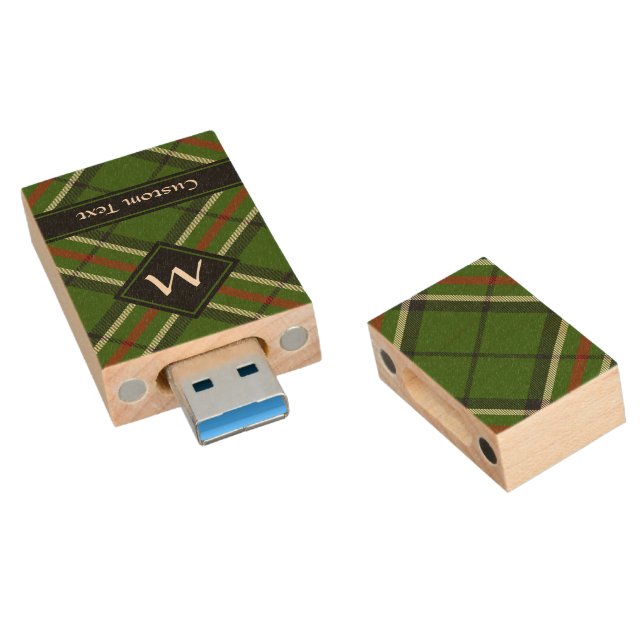 Green, Black, Red and White Tartan Wood Flash Drive (Angled)