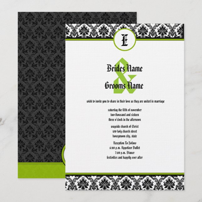 Green & Black Renaissance Damask Wedding Invite (Front/Back)