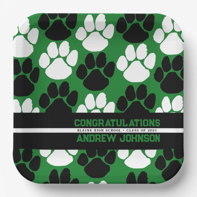 Green & Black Repeating Pawprint Personalized Paper Plates (Front)