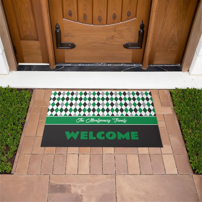 Green & Black School Colors Argyle Pattern Doormat (Outdoor)