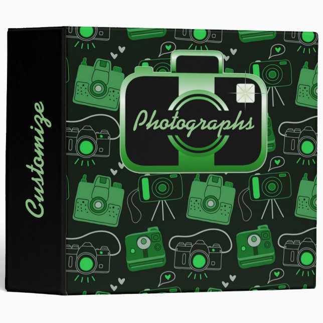 Green & Black Shutter Bug Retro Cameras Binder (Front/Spine)