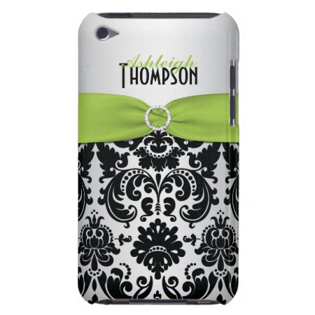 Green, Black, Silver Damask Ipod Touch Case