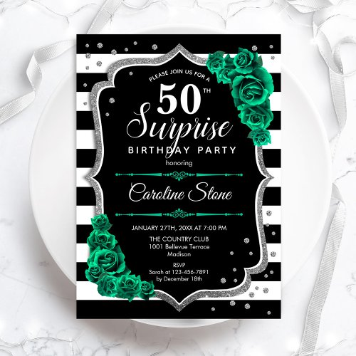 Green Black Silver Surprise 50th Birthday Invitation