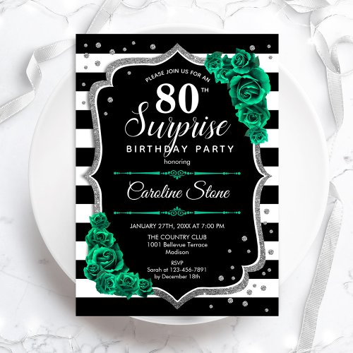 Green Black Silver Surprise 80th Birthday Invitation