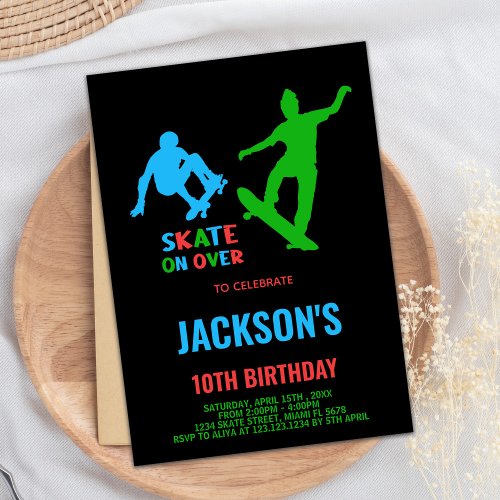 Green Black Skateboards Birthday Invitations