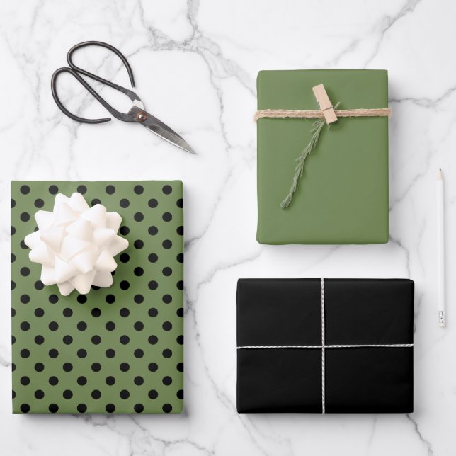 Green Black Small Polka Dot Pattern Wrapping Paper Sheets (Front)