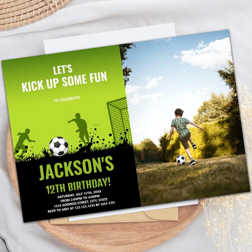 Green Black Soccer Birthday Invitations w photo