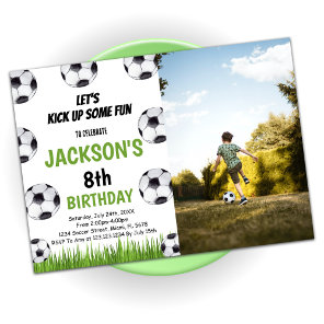 Green Black Soccer Birthday Invitations with photo