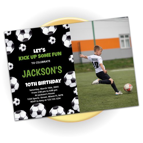 Green Black Soccer Birthday With Photo Invitation