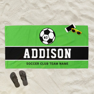 Green Black Soccer Player Custom Name Beach Towel