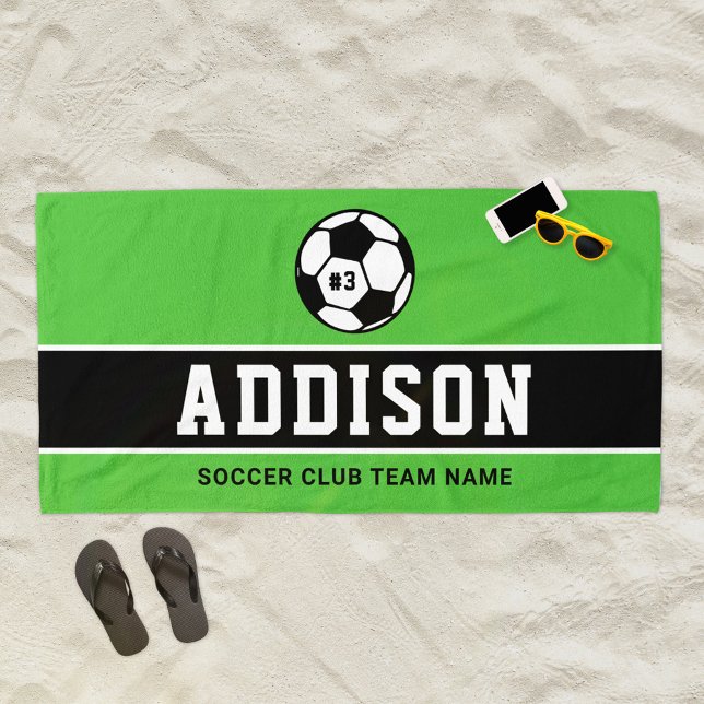 Green Black Soccer Player Custom Name Beach Towel (Creator Uploaded)