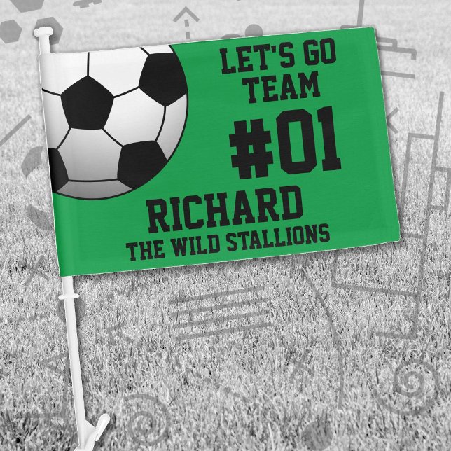 Green Black Soccer Team Spirit Car Flag (Green and Black Soccer Let's Go Team Car Flag. Celebrate your high school or college athlete.)
