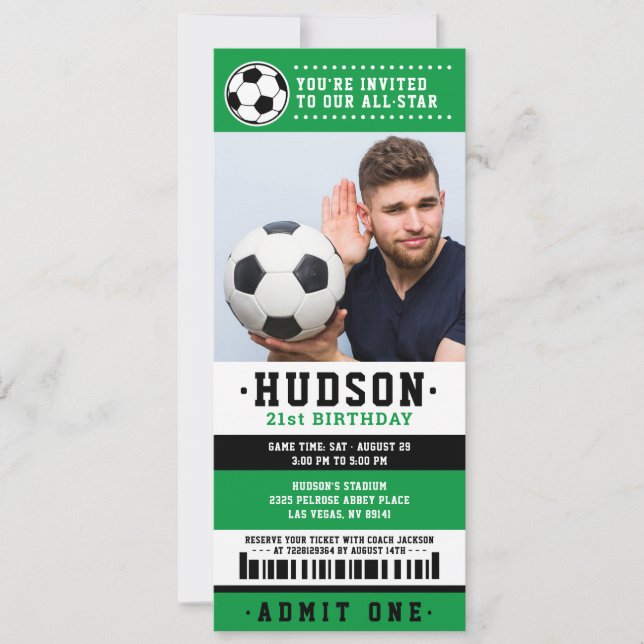 Green Black Soccer Ticket Birthday Party Photo Invitation (Front)