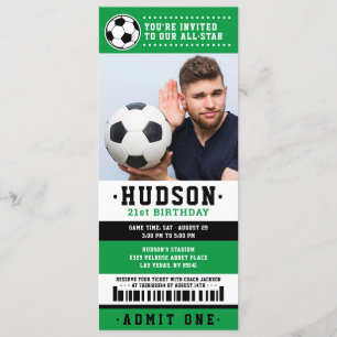 Green Black Soccer Ticket Birthday Party Photo Invitation