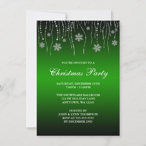 Green Black Sparkle Snowflakes Christmas Party Invitation