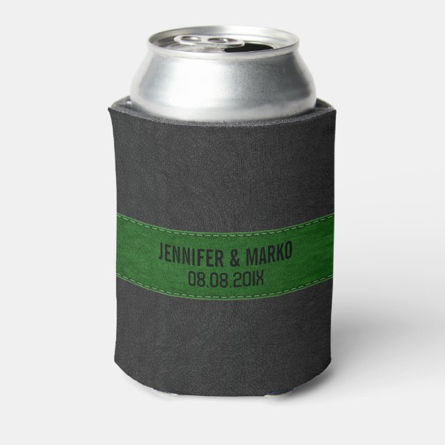 Green & Black Stitched Vintage Leather Can Cooler (Can Back)