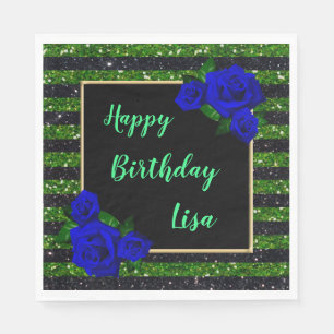 Green Black Stripe Glitter Deep Blue Rose Birthday Napkins