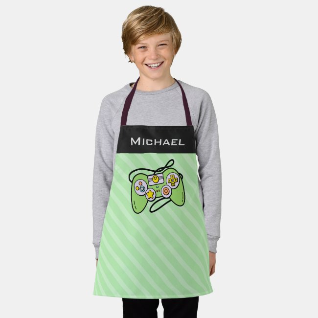 Green & Black Striped Gaming Joystick Gamer Name Apron