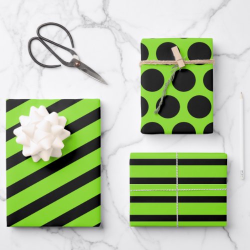 Green Black Striped Polka Dot Halloween Wrapping Paper Sheets