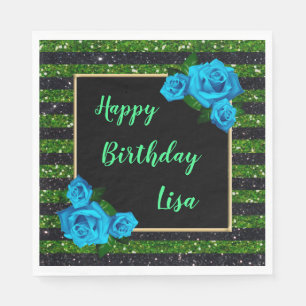 Green Black Stripes Glitter Blue Roses Birthday Napkins