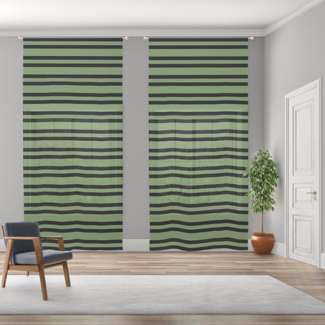Green Black Stripes Pattern Sheer Curtains (Wide)