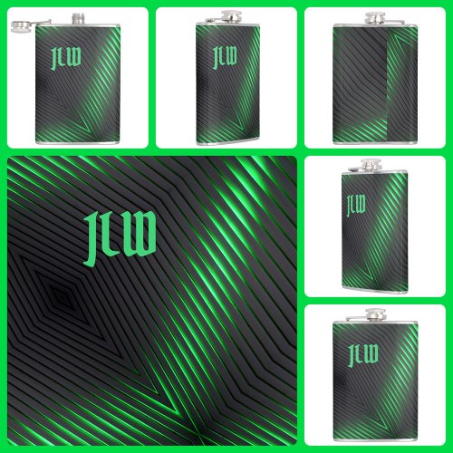 Green Black Stripes Techno Abstract with Initials Flask