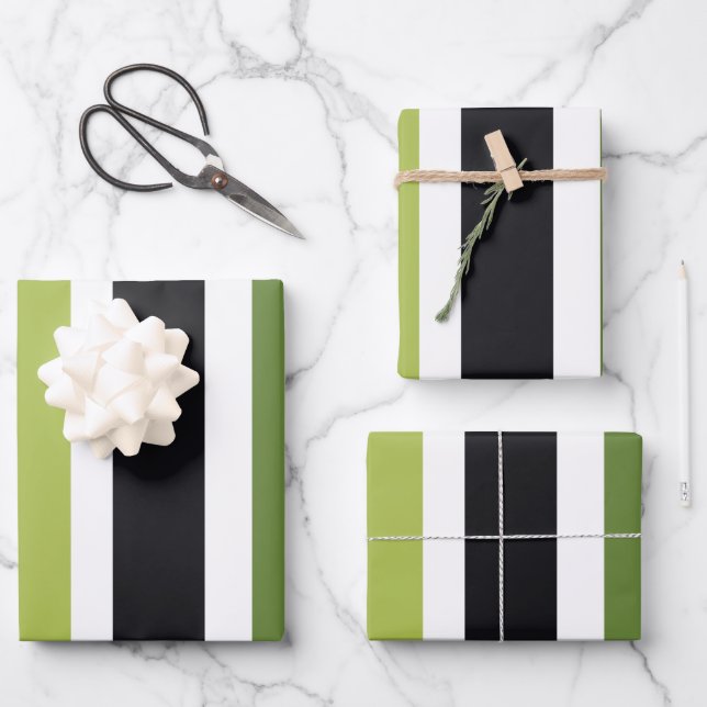 Green Black Stripes Wrapping Paper Sheets (Front)