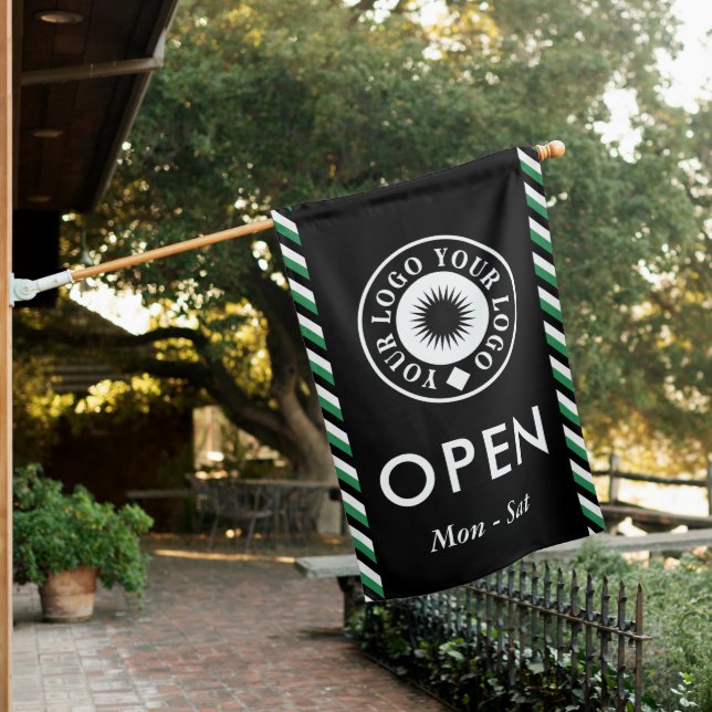 Green Black Stripes Your Logo Open Business House Flag (In SItu)