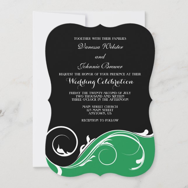 Green Black Swirl Bracket Wedding Invites (Front)