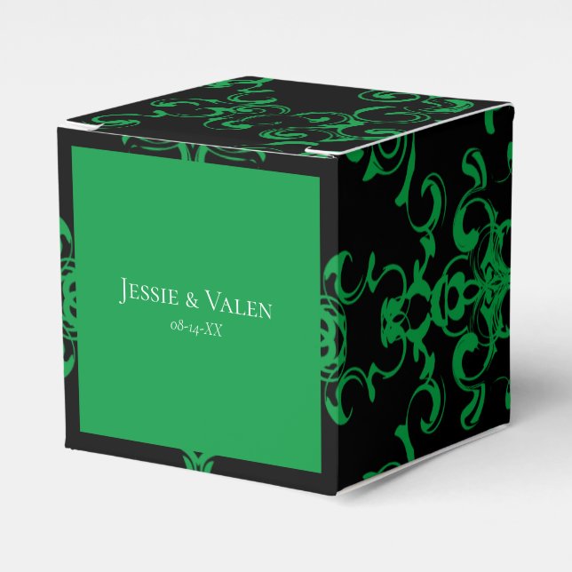 Green Black Swirl Gothic Wedding Favor Boxes (Front Side)