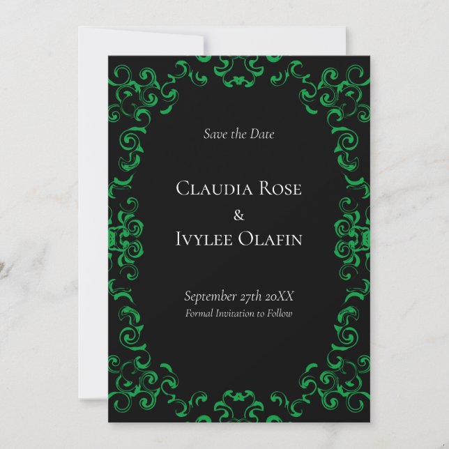 Green & Black Swirl Gothic Wedding Invitation (Front)