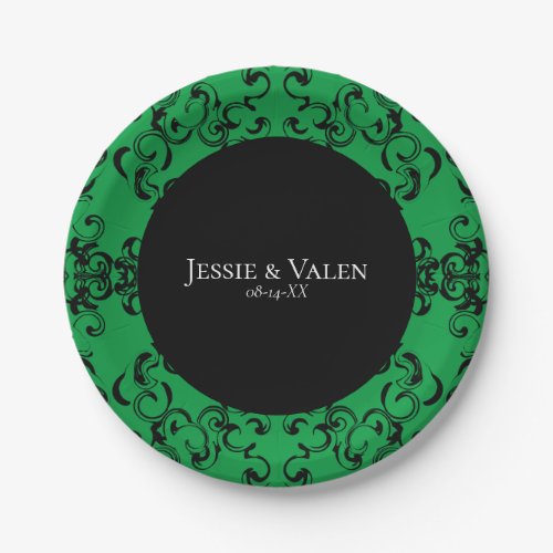Green  Black Swirl Gothic Wedding Paper Plates
