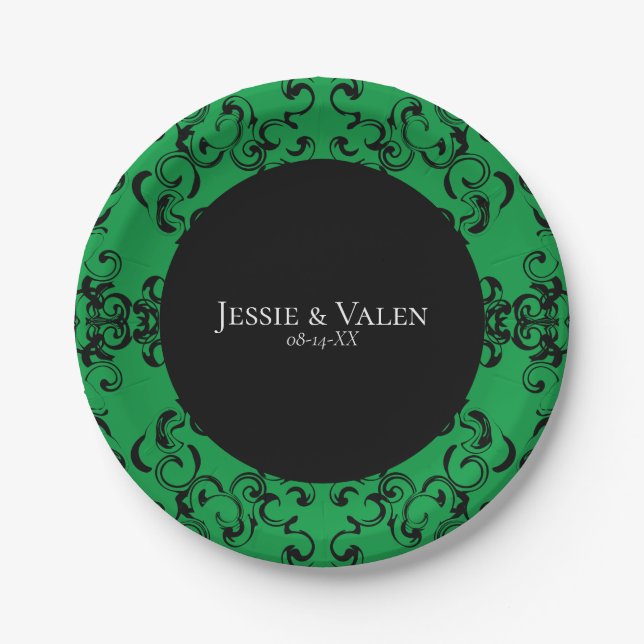 Green & Black Swirl Gothic Wedding Paper Plates (Front)