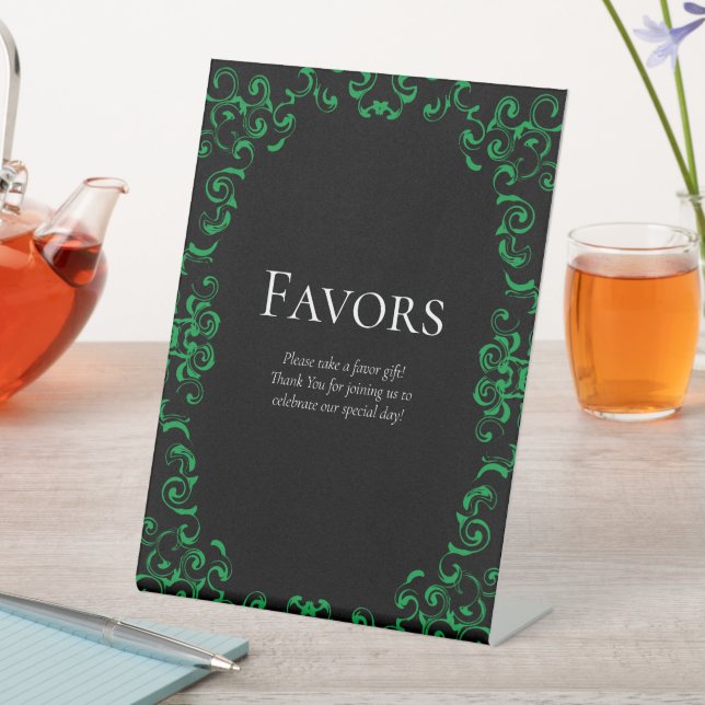 Green Black Swirl Gothic Wedding Pedestal Sign (In SItu)