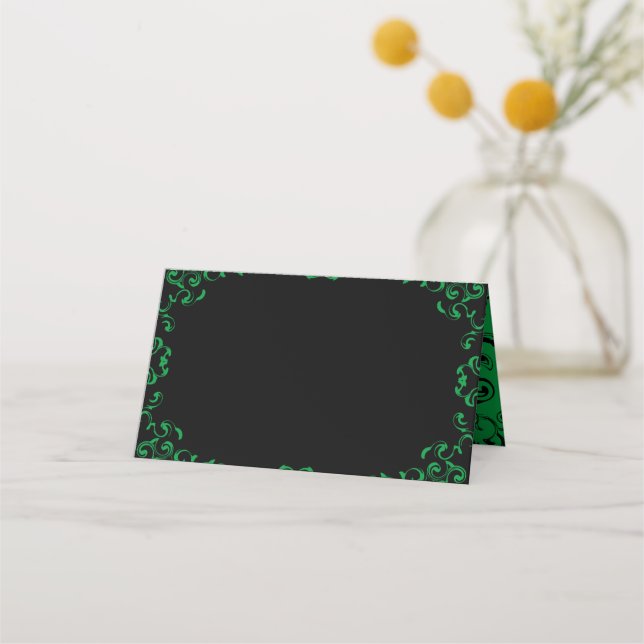 Green Black Swirl Gothic Wedding Place Card (Front)