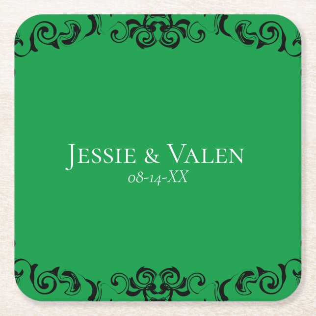 Green Black Swirl Gothic Wedding Square Paper Coaster (Front)