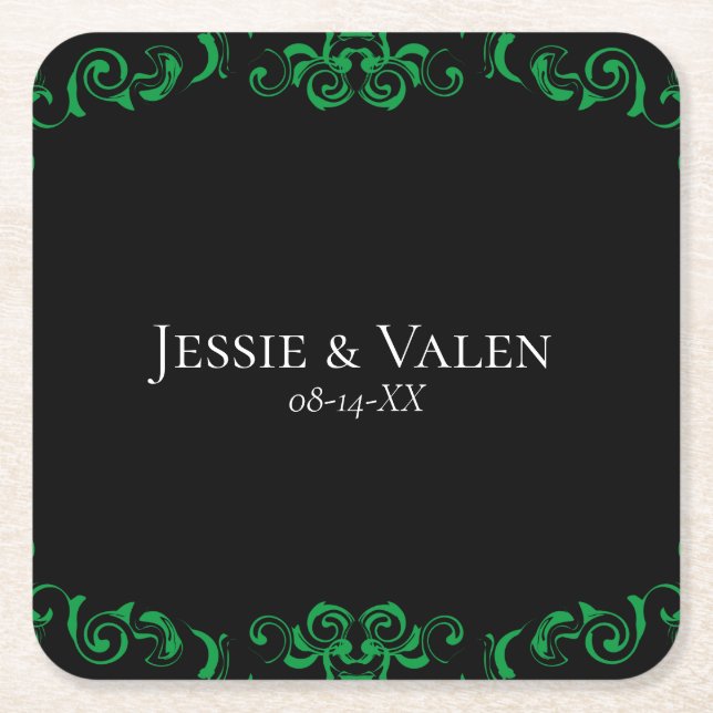 Green & Black Swirl Gothic Wedding Square Paper Coaster (Front)