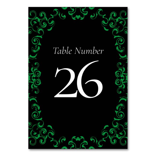 Green & Black Swirl Gothic Wedding Table Number (Back)