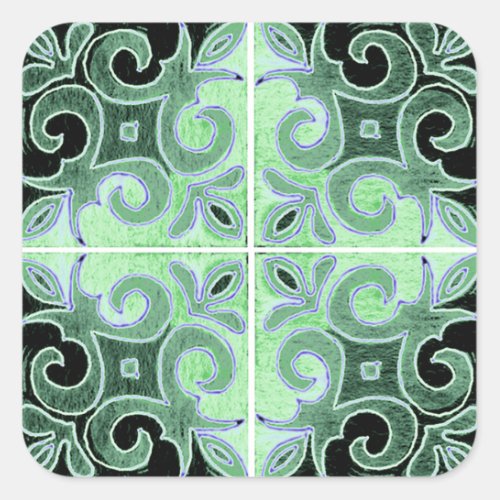 Green Black Swirl Inspired by Portuguese Azulejos Square Sticker