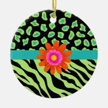 Green  Black & Teal Zebra & Cheetah Orange Flower Ceramic Ornament by phyllisdobbs at Zazzle