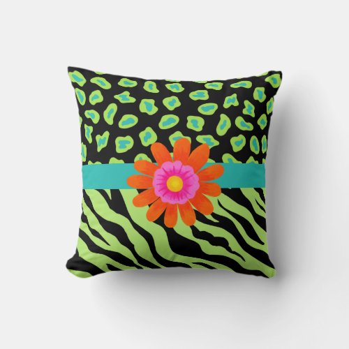 Green Black  Teal Zebra  Cheetah Orange Flower Throw Pillow